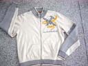 Retail clothing wholesale supplier. White sweat shirt with airplane emblem, zippered front and gray bands on arms, collar, and waist